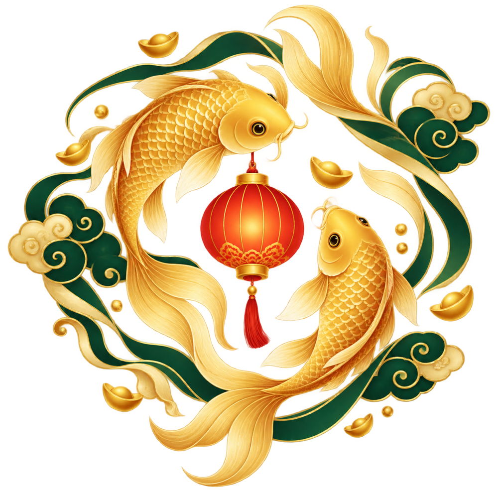 双锦鲤环绕红灯笼,金元宝与祥云相伴